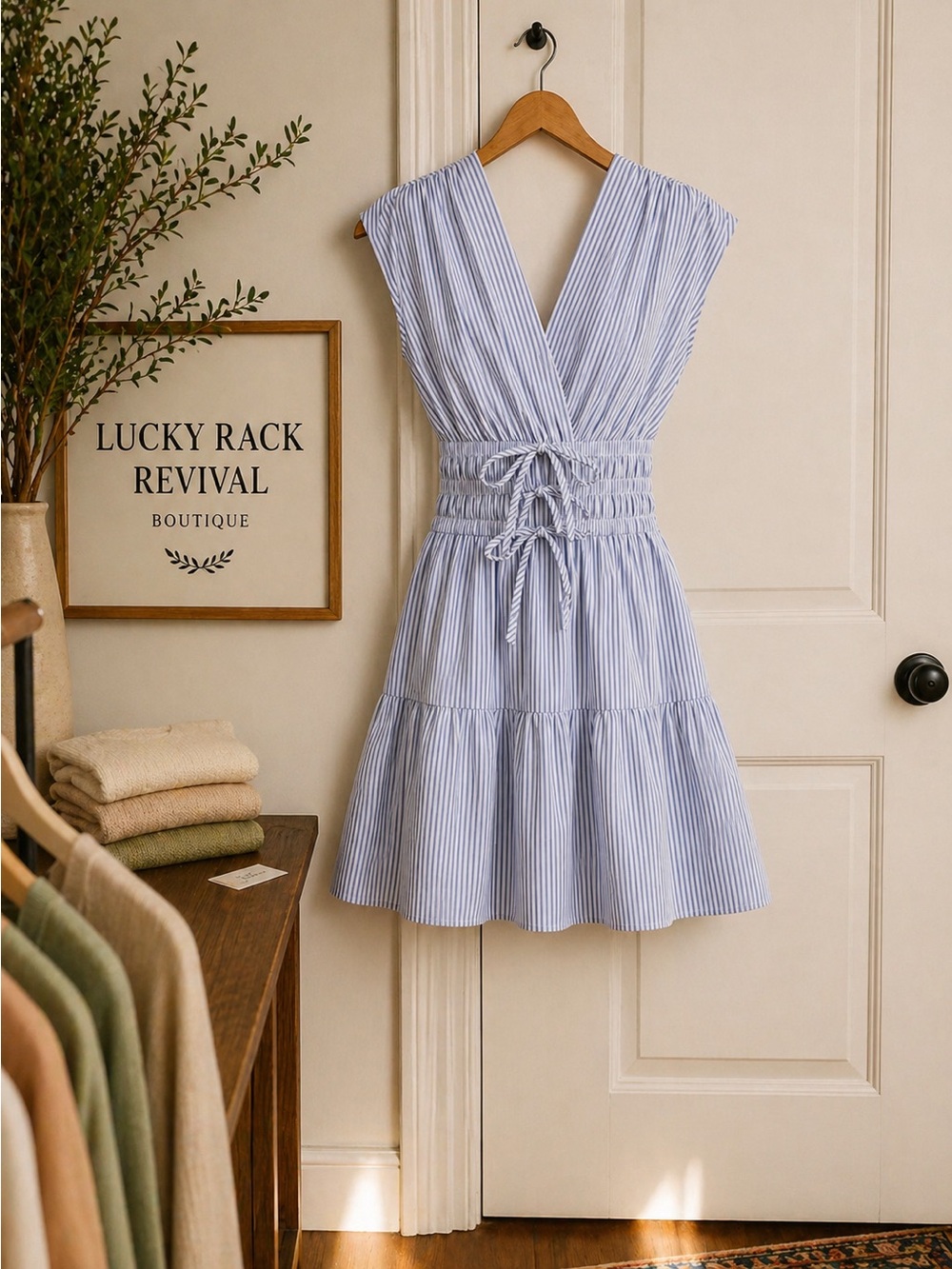 A & She Blue Stripe Smocked Waist Mini Dress with Pockets | Size L